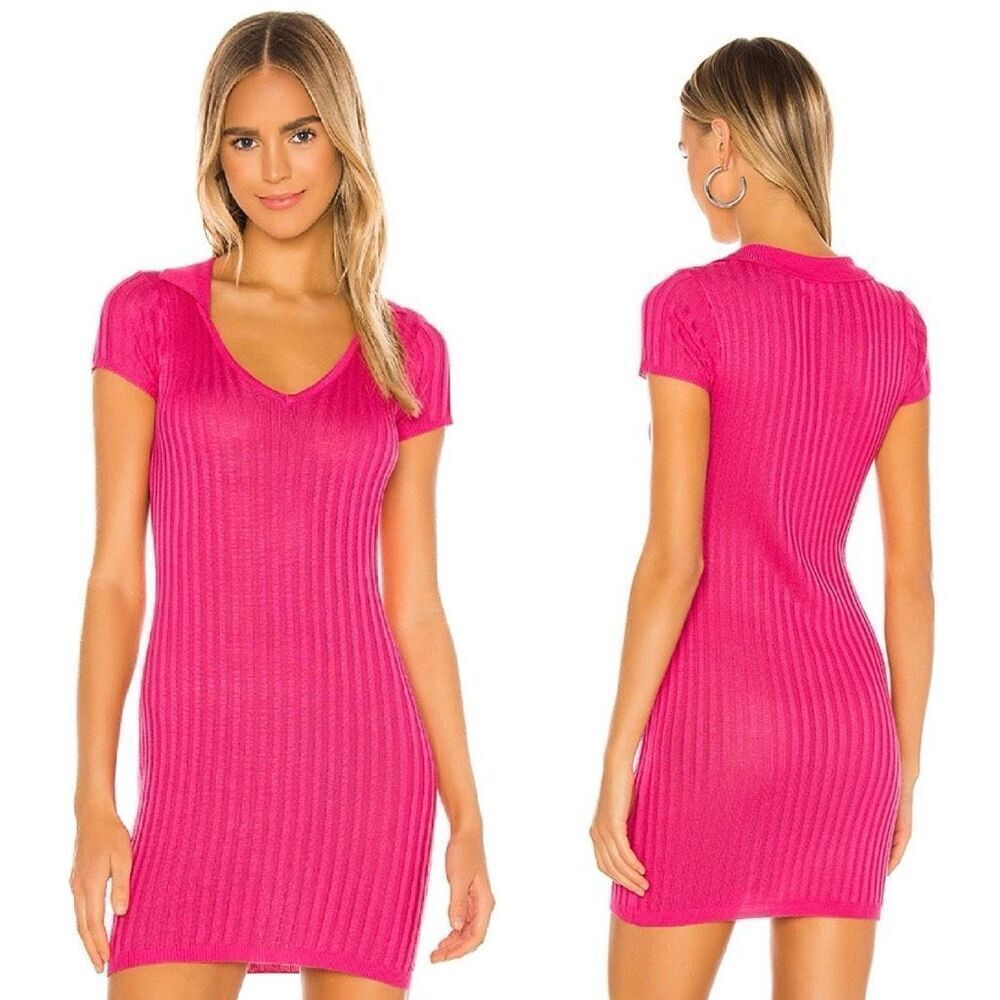 NWT superdown revolve mariella ribbed mini dress hot pink knit collared v neck M